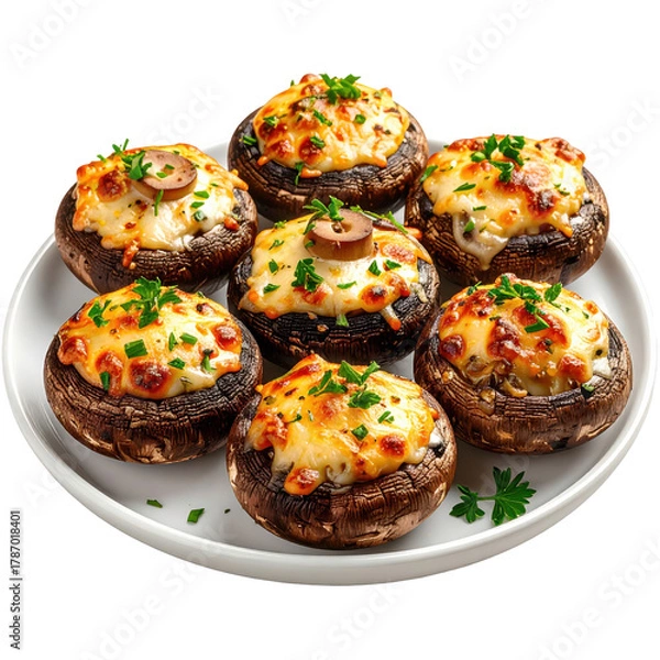 Fototapeta Delicious savory stuffed mushrooms isolated on white background, an elegant and flavorful appetizer filled with herbs, cheese, and breadcrumbs