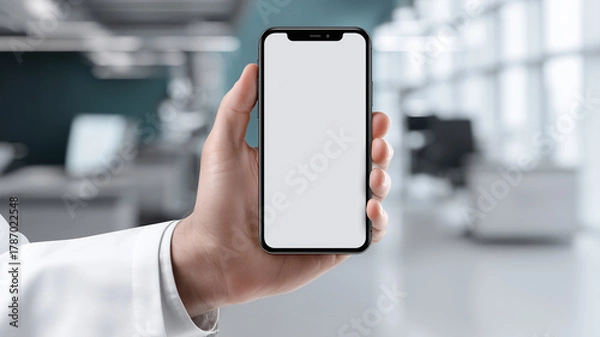 Fototapeta Healthcare professional presenting a smartphone for telemedicine, representing remote consultation, secure communication, and streamlined access to patient services.
