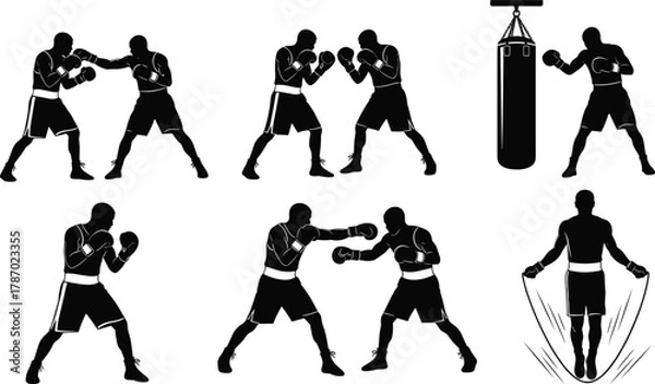 Fototapeta Boxing silhouette vector set, training and sparring poses, fitness combat illustration, cad drawing flat vector artwork for gym design