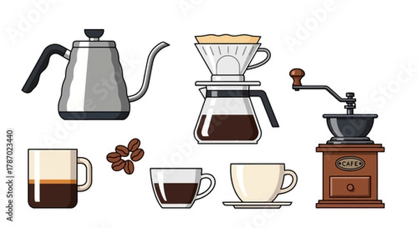 Obraz Coffee Brewing Process with Pour Over and Espresso Equipment in Kitchen