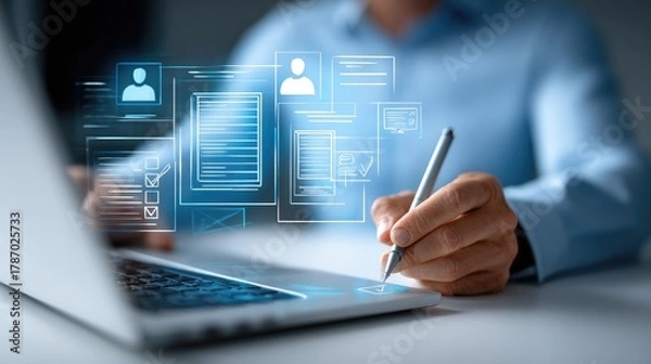 Fototapeta Businessman reviewing compliance documents on laptop digital governance data management in corporate environment ensuring cybersecurity regulation and policy adherence