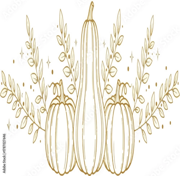 Obraz Three harvest pumpkins and gourds with delicate foliage ornament for autumn season celebration
