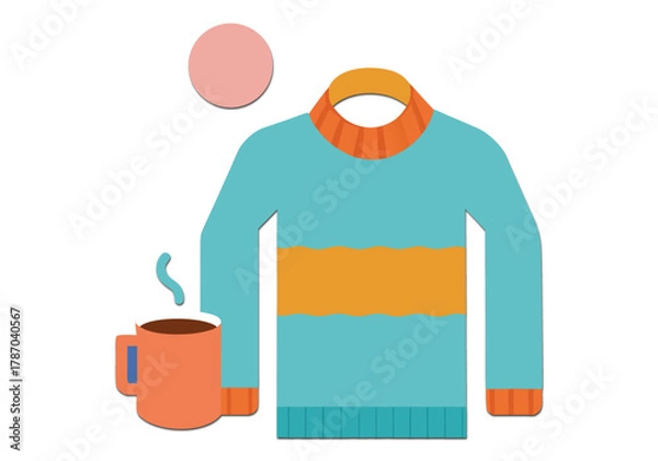 Obraz A cozy scene featuring a warm sweater, a steaming mug of coffee, and a soft, inviting atmosphere for relaxation