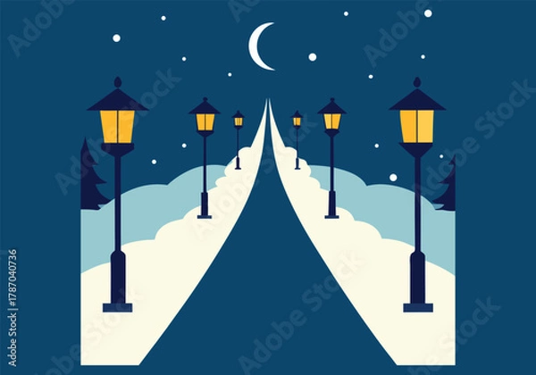 Obraz A winter night scene with a snowy path and streetlights, a peaceful and serene illustration of a winter landscape