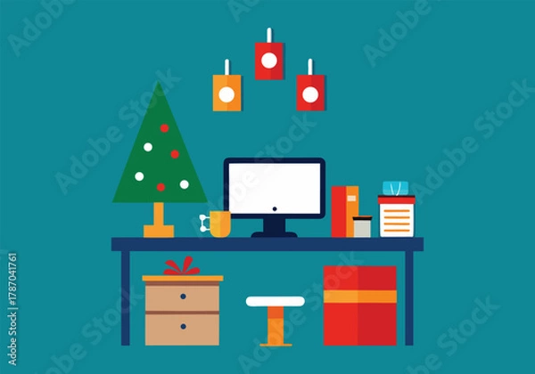 Fototapeta A cozy home office decorated for christmas with a tree, gifts, and festive ornaments, creating a warm and inviting workspace