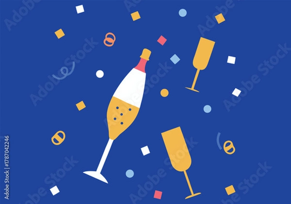 Fototapeta An illustration of champagne bottle and glasses with confetti on blue background