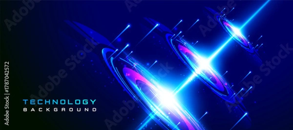 Obraz Futuristic technology background with glowing neon rings and blue digital light beams. Perfect for innovation, sci-fi concepts, and modern digital designs. banner, web, presentation