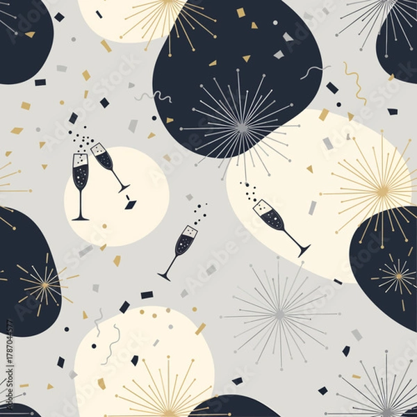 Fototapeta A festive seamless pattern featuring champagne flutes, golden fireworks, and scattered confetti on a light grey background, perfect for celebrations.