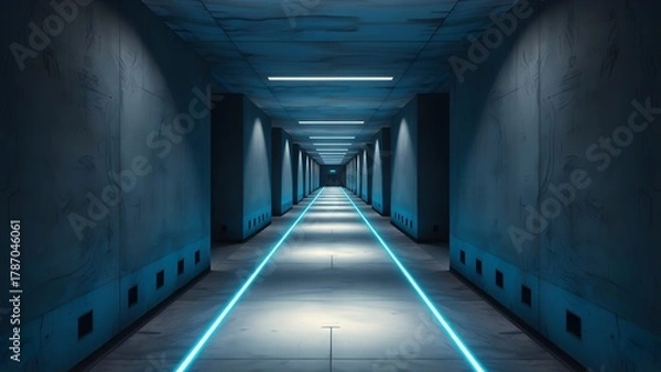 Obraz Futuristic Tunnel with Neon Blue Lights