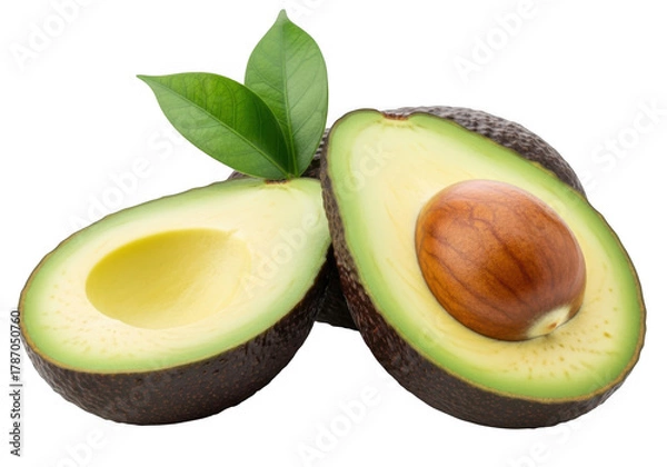 Obraz Fresh ripe avocado cut in half showing the seed and creamy green flesh, isolated on transparent background