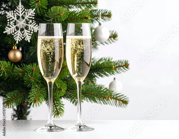 Fototapeta Festive champagne flutes brimming with sparkling bubbly stand against a holiday pine tree adorned with shimmering ornaments, embodying joyful celebrations and New Year's toasts
