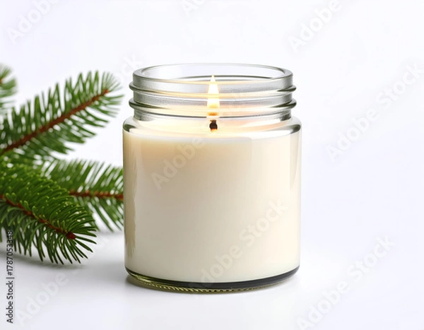 Fototapeta Pine scented candle in a glass jar, softly glowing with a pine branch on the side