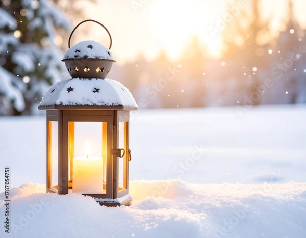 Fototapeta A beautiful snow-covered lantern with a glowing candle casts a warm light in a peaceful winter forest at sunset