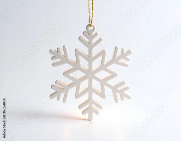 Fototapeta Delicate white snowflake ornament, intricately designed and hanging from a golden string against a bright white background, perfect for elegant winter holiday decor