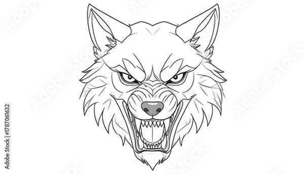 Fototapeta Line art of a snarling wolf's head with sharp teeth