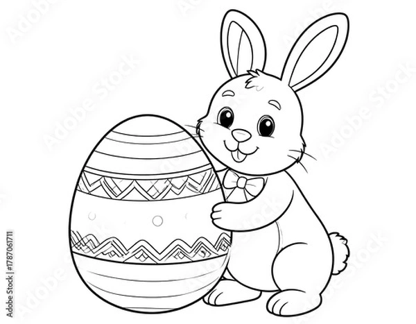 Fototapeta Line art of bunny with a bow tie embracing a decorated Easter egg