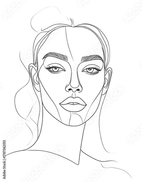 Fototapeta Line drawing of a woman's face, features defined by delicate lines