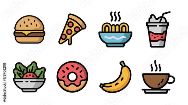 Fototapeta food Vector Illustration set of  icons including a burger, pizza, noodles, drink, salad, donut, banana, and coffee