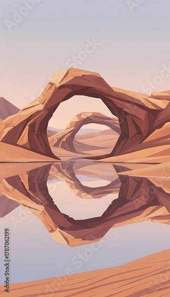 Fototapeta Low-poly illustration of desert arches reflected in calm water under a soft, muted sky. The scene is bathed in warm light