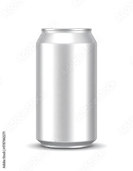 Fototapeta Metallic, cylindrical beverage container, shadow on white background