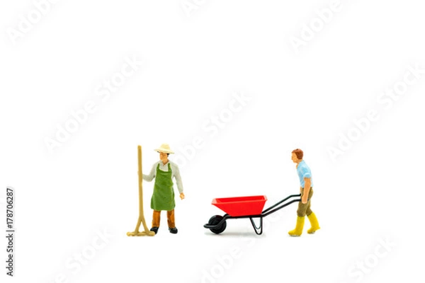 Obraz Miniature people, couple gardener isolated on white background, using as agriculture concept