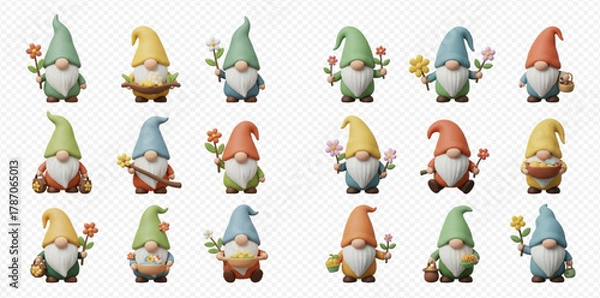Obraz Collection of 18 cute 3D rendered garden gnomes with colorful hats and flowers on a transparent background.