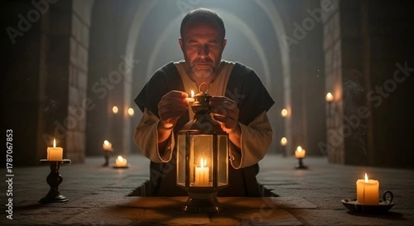 Fototapeta A man in medieval clothing lighting a candle inside a dimly lit stone hall with multiple candles on the table and walls, creating a mystical and historical atmosphere