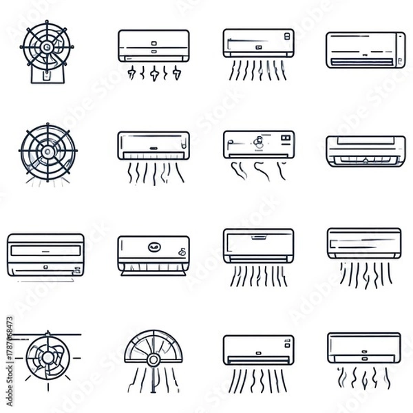 Fototapeta Line art icons depict various types of air conditioning units, including fan and split systems. Different designs and airflow shown