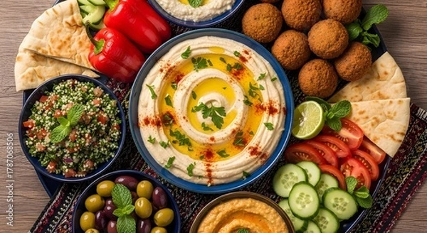 Fototapeta A colorful Mediterranean platter featuring hummus, fresh vegetables, olives, and falafel arranged on a rustic wooden table for a vibrant and healthy meal presentation