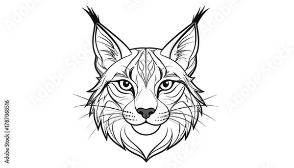 Fototapeta Line art illustration of a wild cat's frontal face, showcasing detailed fur patterns and expressive features
