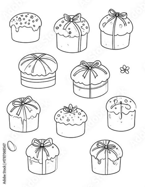 Fototapeta Line art illustration of various round cakes, some with bows and decorations, on a white background