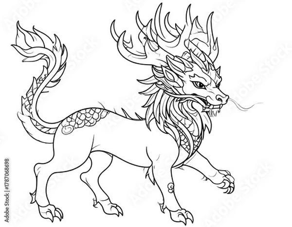 Fototapeta Line art of a mythical creature with antlers and scales