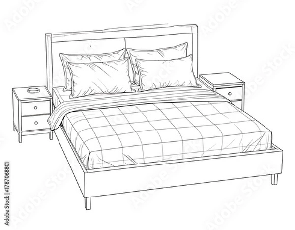 Fototapeta Line drawing of a modern bed with pillows, blanket, and two bedside tables