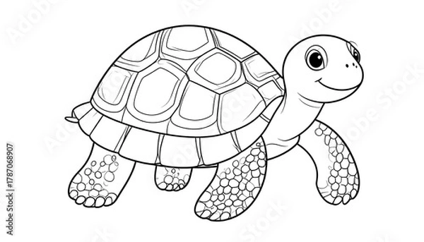 Fototapeta Line-art depiction of a smiling turtle on white background