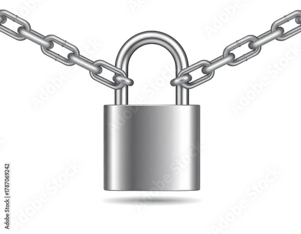 Fototapeta Metallic padlock with attached chains on a white background