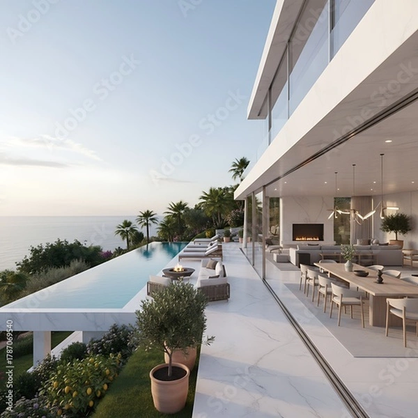 Fototapeta Modern architectural marvel with an infinity pool overlooking the ocean at sunset. A spacious, open-plan interior is visible