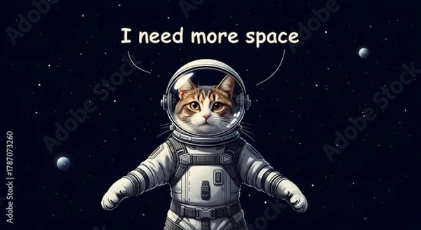 Fototapeta A cute cat dressed as an astronaut floating in space with a speech bubble saying 'I need more space' amidst stars and planets in the background
