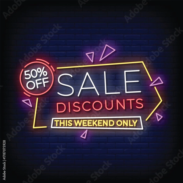 Fototapeta sale discounts neon signboard with brick wall background vector