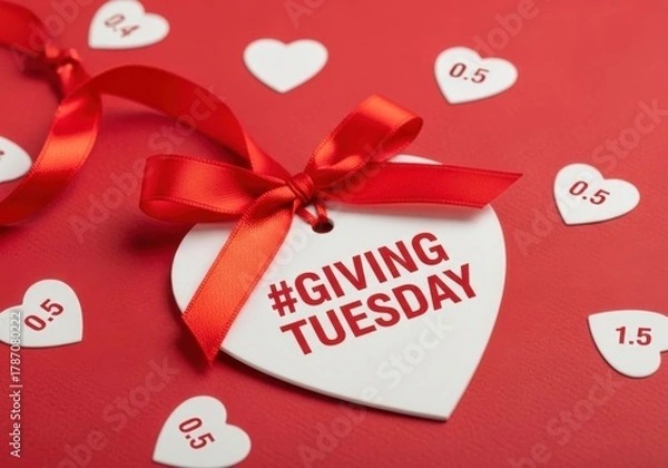 Fototapeta White heart tag with Giving Tuesday hashtag and red ribbon on red background image