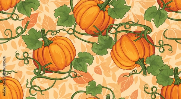 Fototapeta Seamless pattern with autumn pumpkins, green leaves, and curling tendrils on a warm background with scattered fall foliage, perfect for seasonal designs.