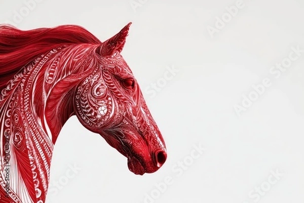 Fototapeta This striking image features the majestic profile of a horse's head and neck, rendered in a bold, vibrant red hue. The animal's form is intricately adorned with delicate white decorative patterns, evo