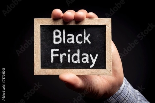 Obraz A close-up, commercially focused shot features an unidentifiable person holding a small, wooden-framed chalkboard. The words "Black Friday" are prominently written in white chalk against the dark surf