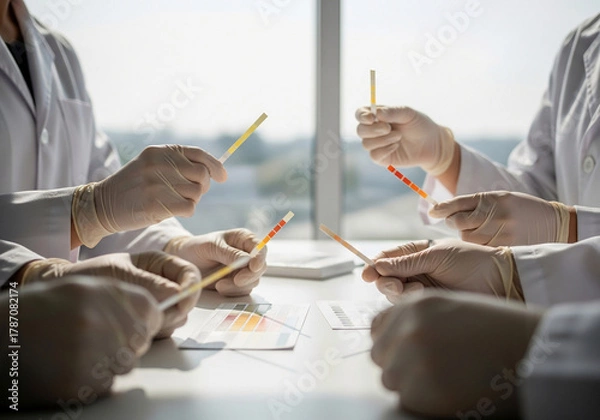 Fototapeta Team of scientists in white coats and gloves analyzing test results in a modern laboratory.