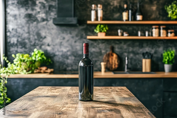 Obraz A striking bottle of red wine stands prominently on a rustic wooden table, surrounded by a modern kitchen ambiance and greenery