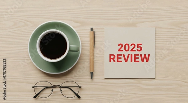 Fototapeta Q4 business year end review 2026 2025 new year planning with coffee pen and glasses on wooden desk for q4 business year end review planning and reflection