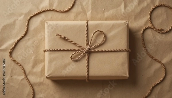 Fototapeta Elegant brown paper gift wrapped with rustic twine bow for birthdays, holidays, or special occasions conveys warmth and a personal touch