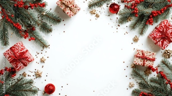 Obraz Creative frame made of Christmas fir branches, gift boxes, red decoration, sparkles and confetti on a white background. Xmas and New Year holiday, bokeh, light. Flat lay, top view.