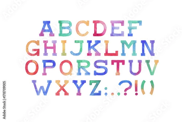 Fototapeta Colorful watercolor aquarelle font type handwritten hand draw abc alphabet letters
