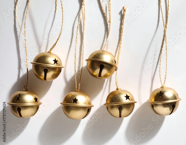 Fototapeta Golden jingle bells hanging by strings with star cutouts, casting subtle shadows on a plain background