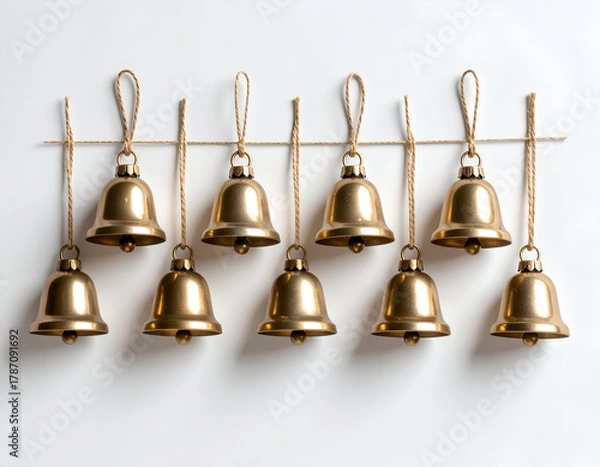 Fototapeta Minimalist flat lay of a set of golden bells hanging on twine, a festive holiday decor item isolated on a white background